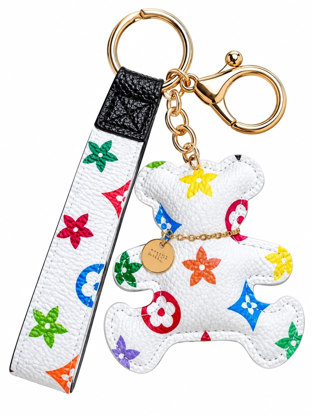 Designer-Inspired White Multicolor Bear Keychain Wristlet